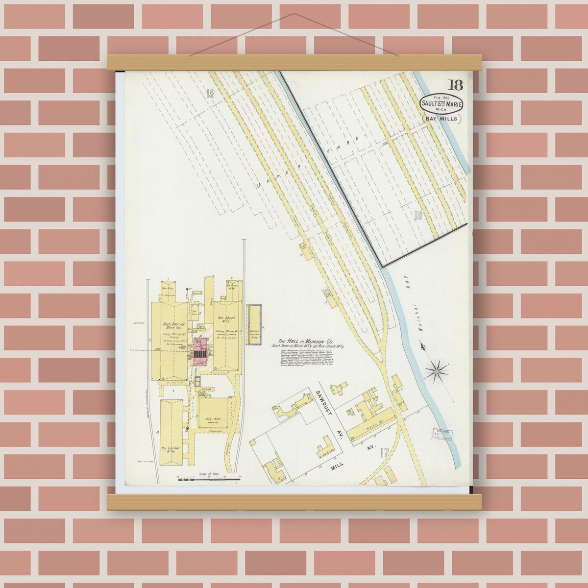 Old map wall art mockup — magnetic wood frame on brick wall — Sanborn Fire Insurance Map from Sault Sainte Marie, Chippewa County, Michigan (1895), Sheet #0018