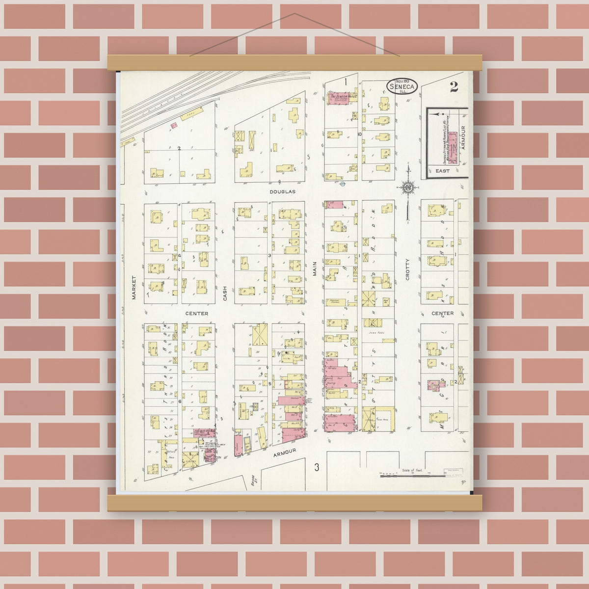 Old map wall art mockup — magnetic wood frame on brick wall — Sanborn Fire Insurance Map from Seneca, La Salle County, Illinois (1913), Sheet #0002