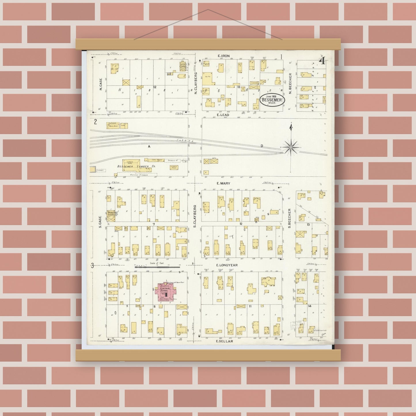 Old map wall art mockup — magnetic wood frame on brick wall — Sanborn Fire Insurance Map from Bessemer, Gogebic County, Michigan (1908), Sheet #0004