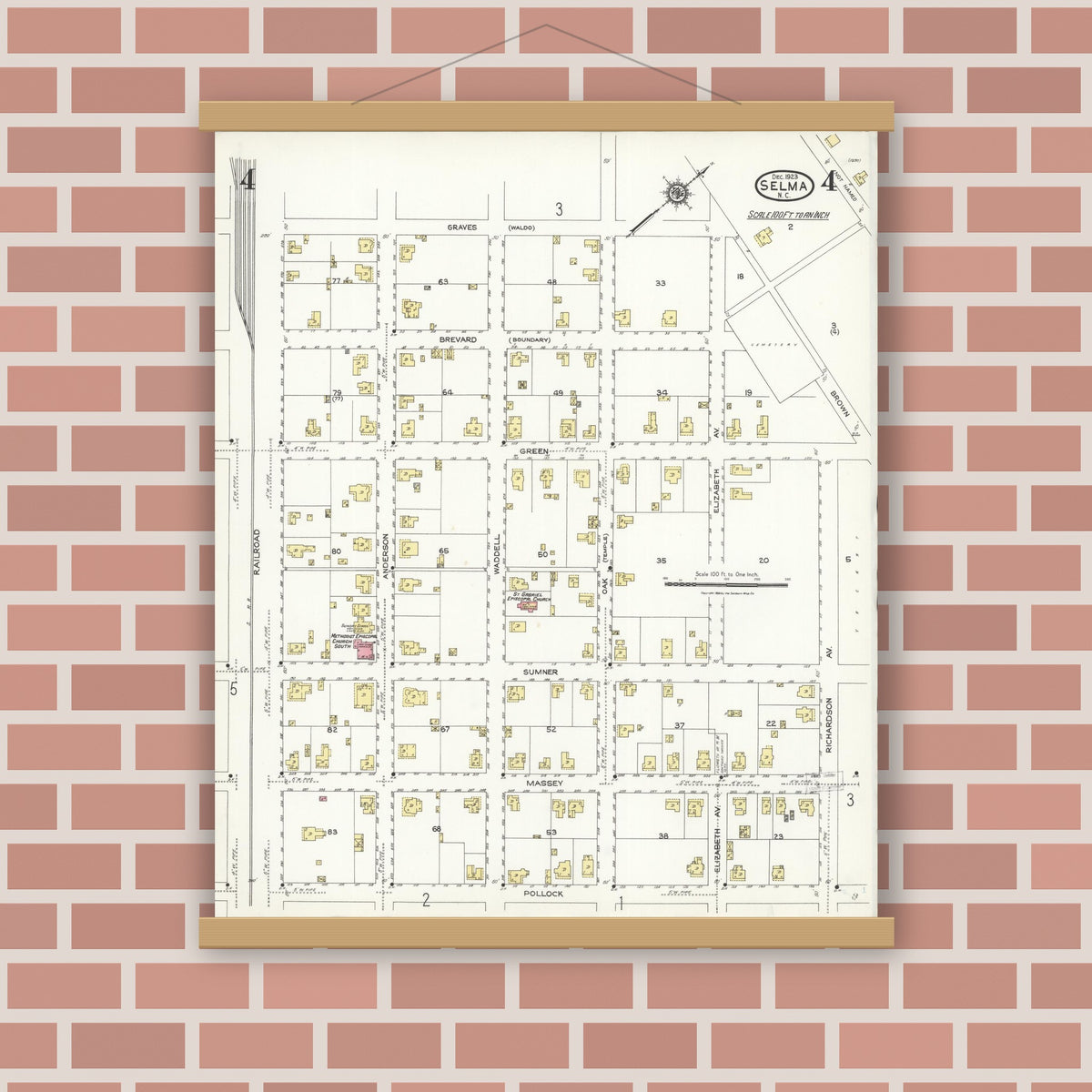 Old map wall art mockup — magnetic wood frame on brick wall — Sanborn Fire Insurance Map from Selma, Johnston County, North Carolina (1923), Sheet #0004