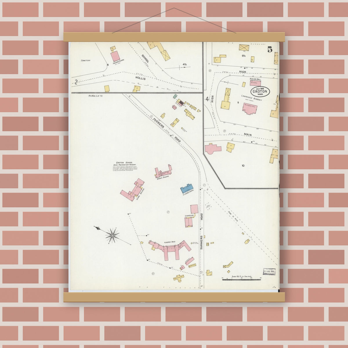 Old map wall art mockup — magnetic wood frame on brick wall — Sanborn Fire Insurance Map from Groton, Middlesex County, Massachusetts (1906), Sheet #0005