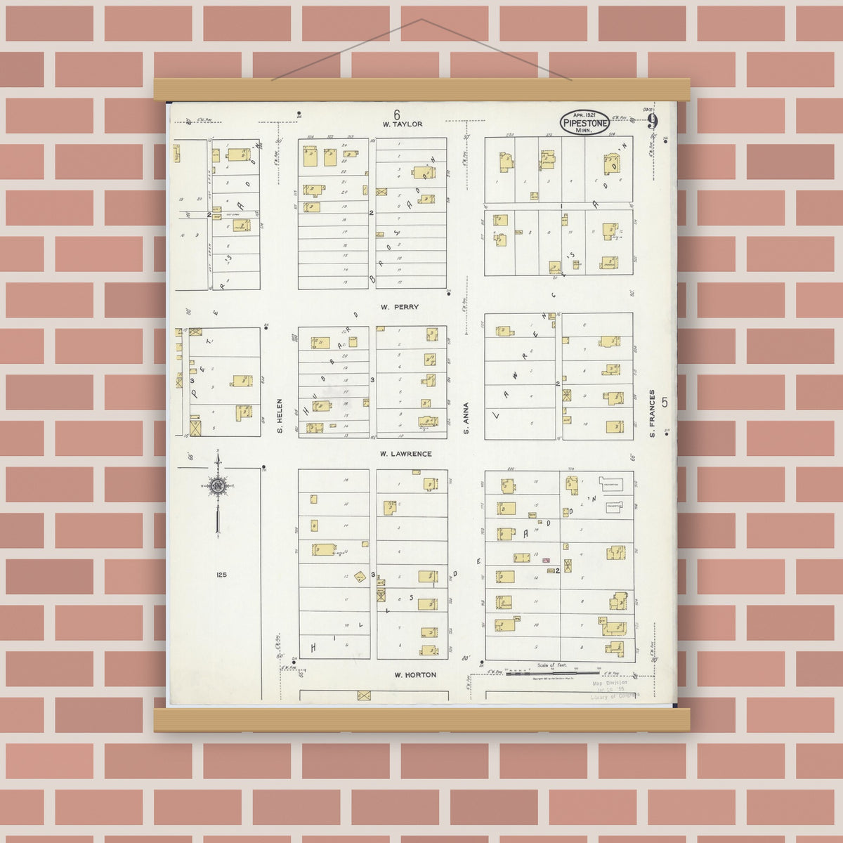 Old map wall art mockup — magnetic wood frame on brick wall — Sanborn Fire Insurance Map from Pipestone, Pipestone County, Minnesota (1921), Sheet #0009