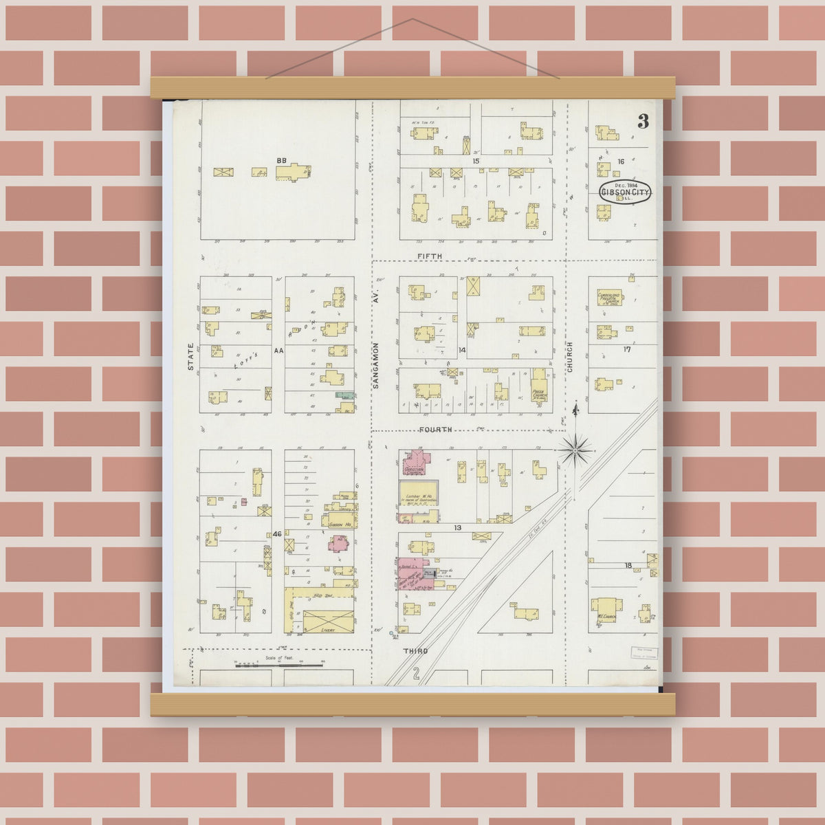 Old map wall art mockup — magnetic wood frame on brick wall — Sanborn Fire Insurance Map from Gibson City, Ford County, Illinois (1894), Sheet #0003
