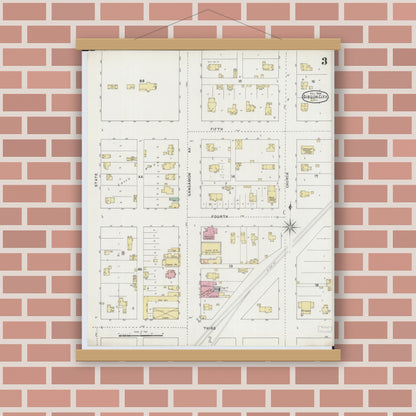 Old map wall art mockup — magnetic wood frame on brick wall — Sanborn Fire Insurance Map from Gibson City, Ford County, Illinois (1894), Sheet #0003