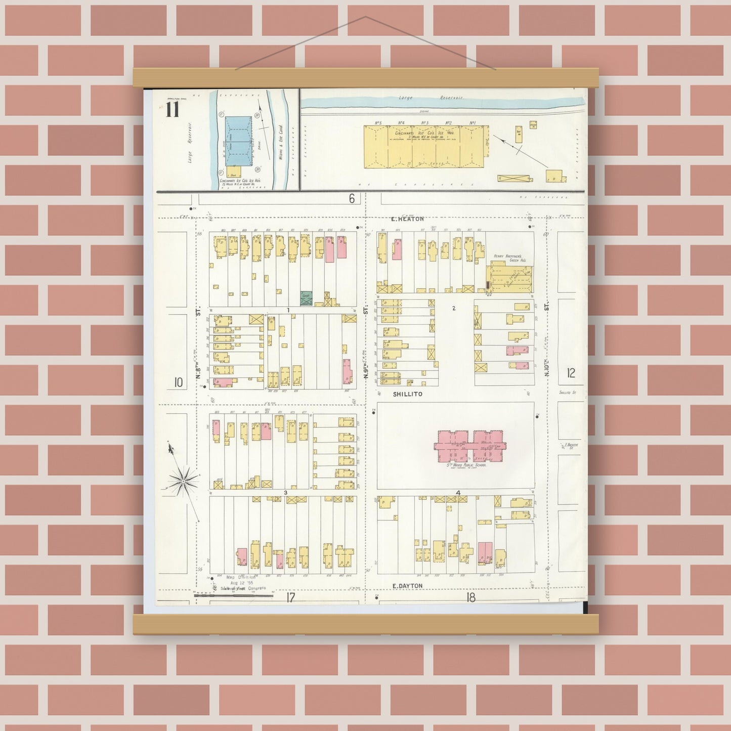 Old map wall art mockup — magnetic wood frame on brick wall — Sanborn Fire Insurance Map from Hamilton, Butler County, Ohio (1899), Sheet #0011