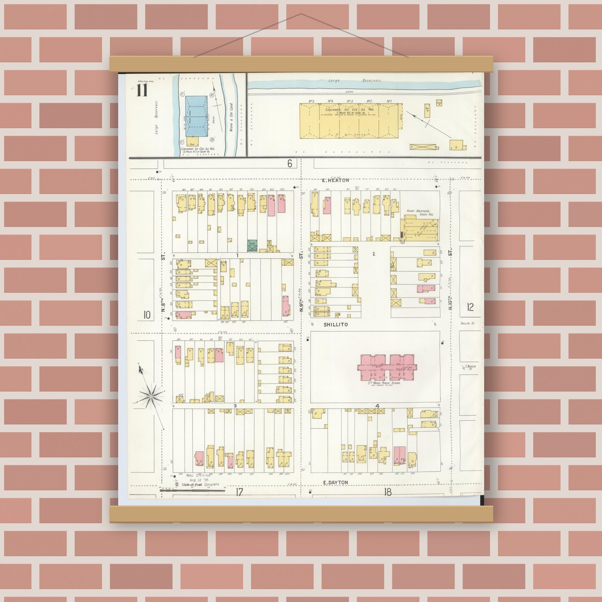 Old map wall art mockup — magnetic wood frame on brick wall — Sanborn Fire Insurance Map from Hamilton, Butler County, Ohio (1899), Sheet #0011