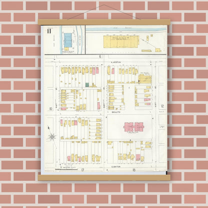 Old map wall art mockup — magnetic wood frame on brick wall — Sanborn Fire Insurance Map from Hamilton, Butler County, Ohio (1899), Sheet #0011
