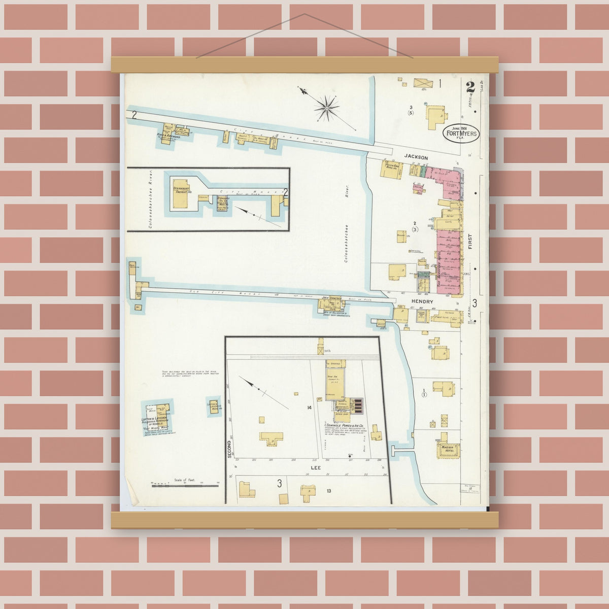 Old map wall art mockup — magnetic wood frame on brick wall — Sanborn Fire Insurance Map from Fort Myers, Lee County, Florida (1908), Sheet #0002