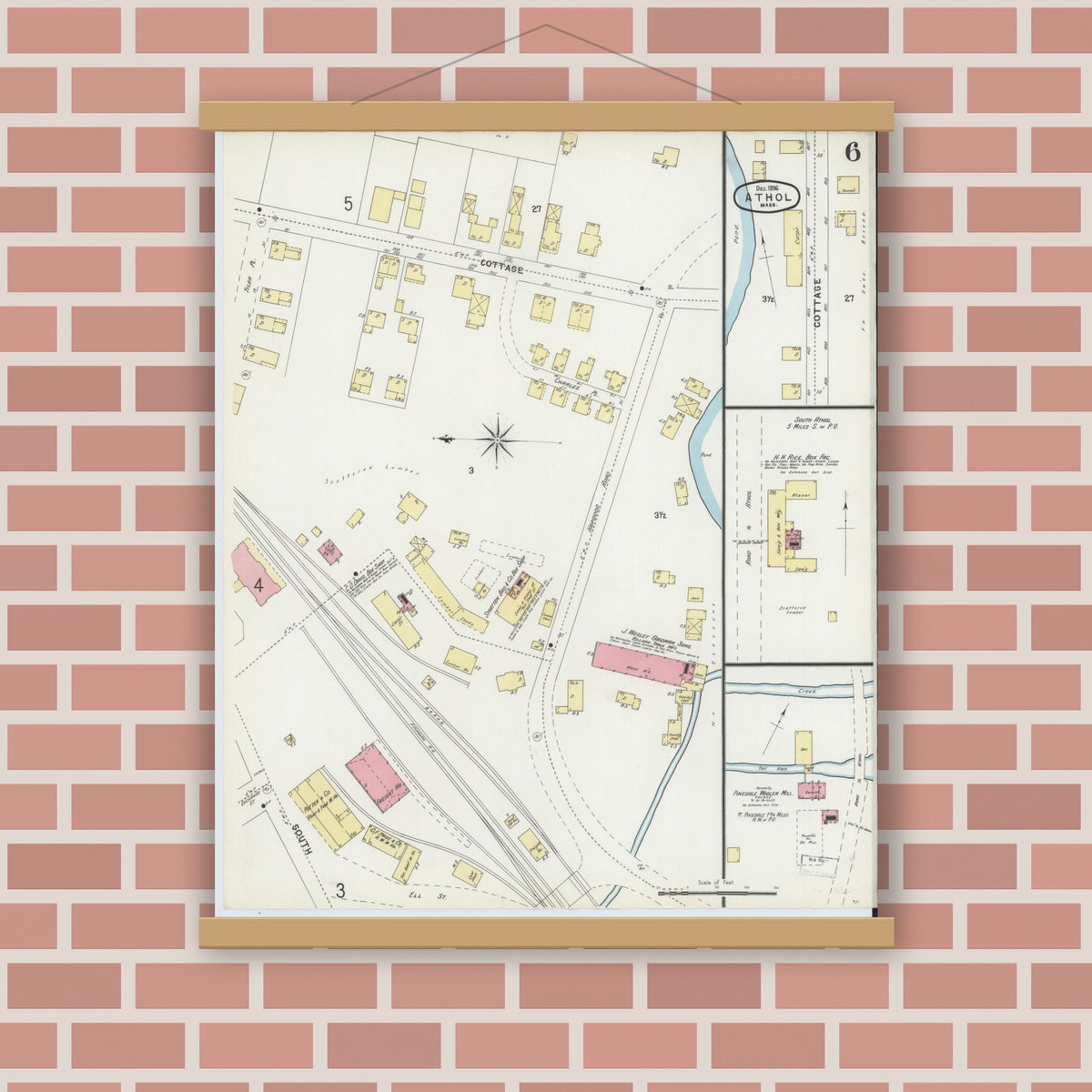 Old map wall art mockup — magnetic wood frame on brick wall — Sanborn Fire Insurance Map from Athol, Worcester County, Massachusetts (1896), Sheet #0006