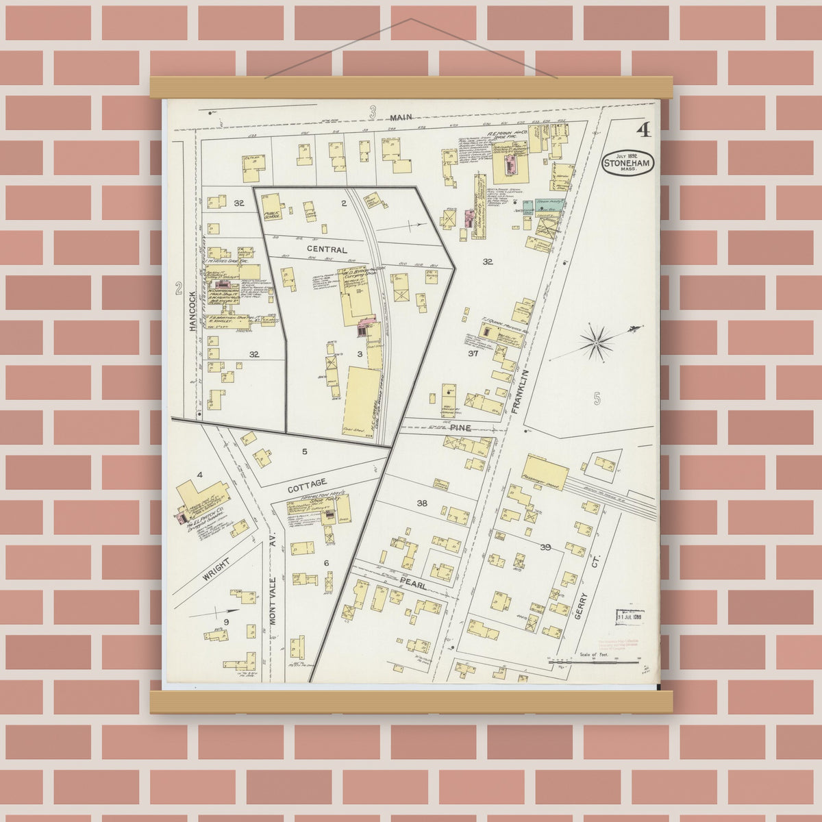 Old map wall art mockup — magnetic wood frame on brick wall — Sanborn Fire Insurance Map from Stoneham, Middlesex County, Massachusetts (1892), Sheet #0004