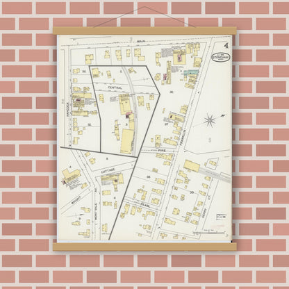 Old map wall art mockup — magnetic wood frame on brick wall — Sanborn Fire Insurance Map from Stoneham, Middlesex County, Massachusetts (1892), Sheet #0004
