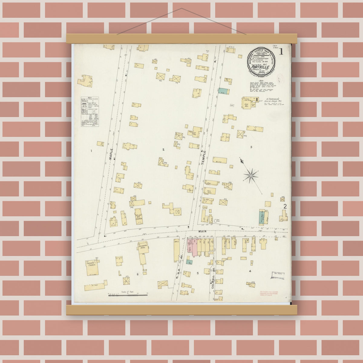 Old map wall art mockup — magnetic wood frame on brick wall — Sanborn Fire Insurance Map from Portville, Cattaraugus County, New York (1897) - Complete Map Set