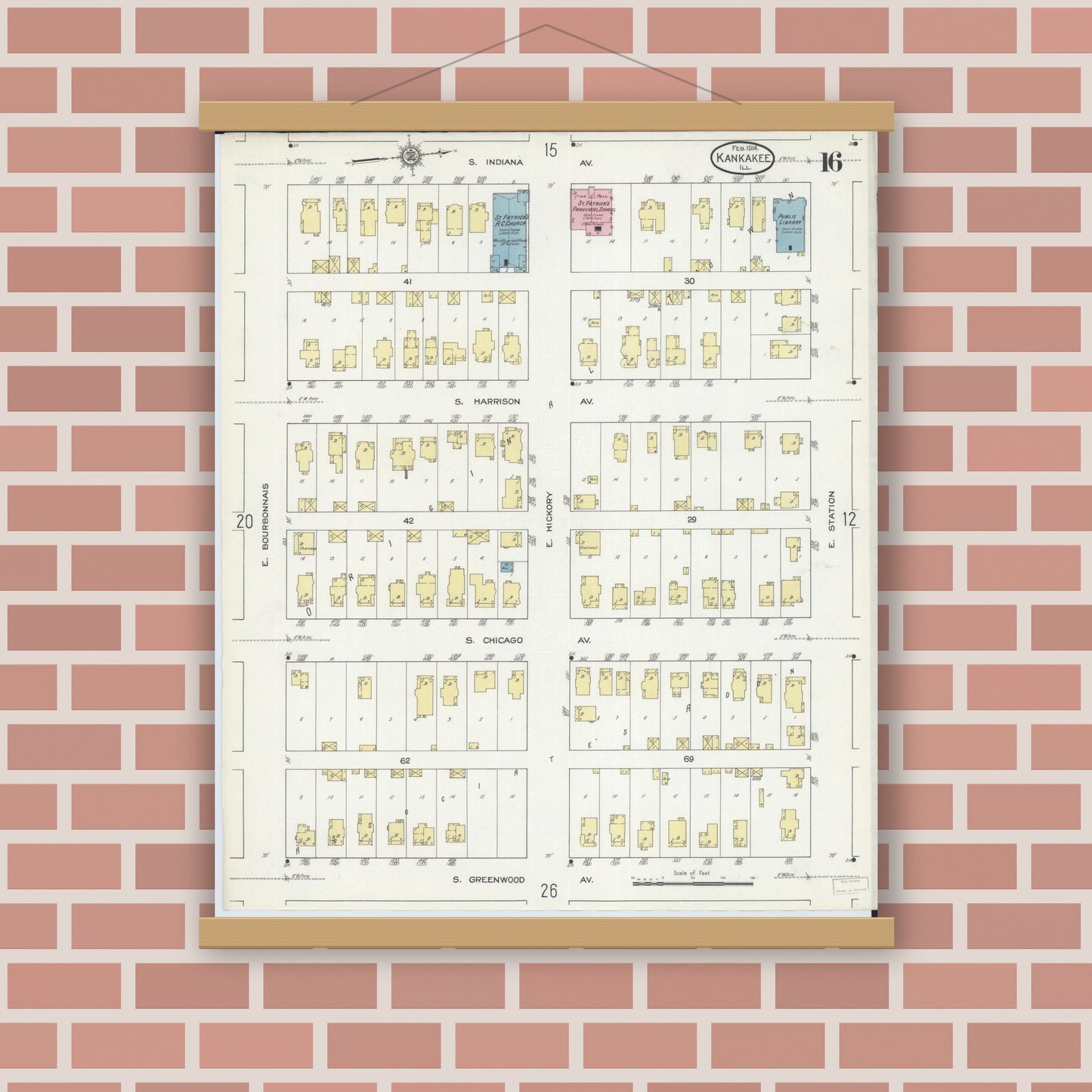 Old map wall art mockup — magnetic wood frame on brick wall — Sanborn Fire Insurance Map from Kankakee, Kankakee County, Illinois (1914), Sheet #0016