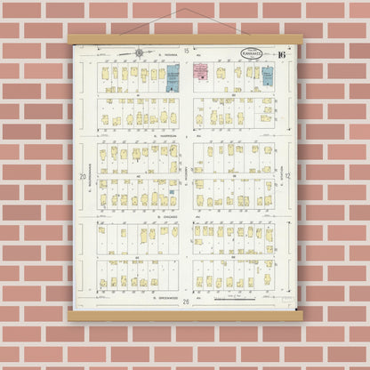 Old map wall art mockup — magnetic wood frame on brick wall — Sanborn Fire Insurance Map from Kankakee, Kankakee County, Illinois (1914), Sheet #0016