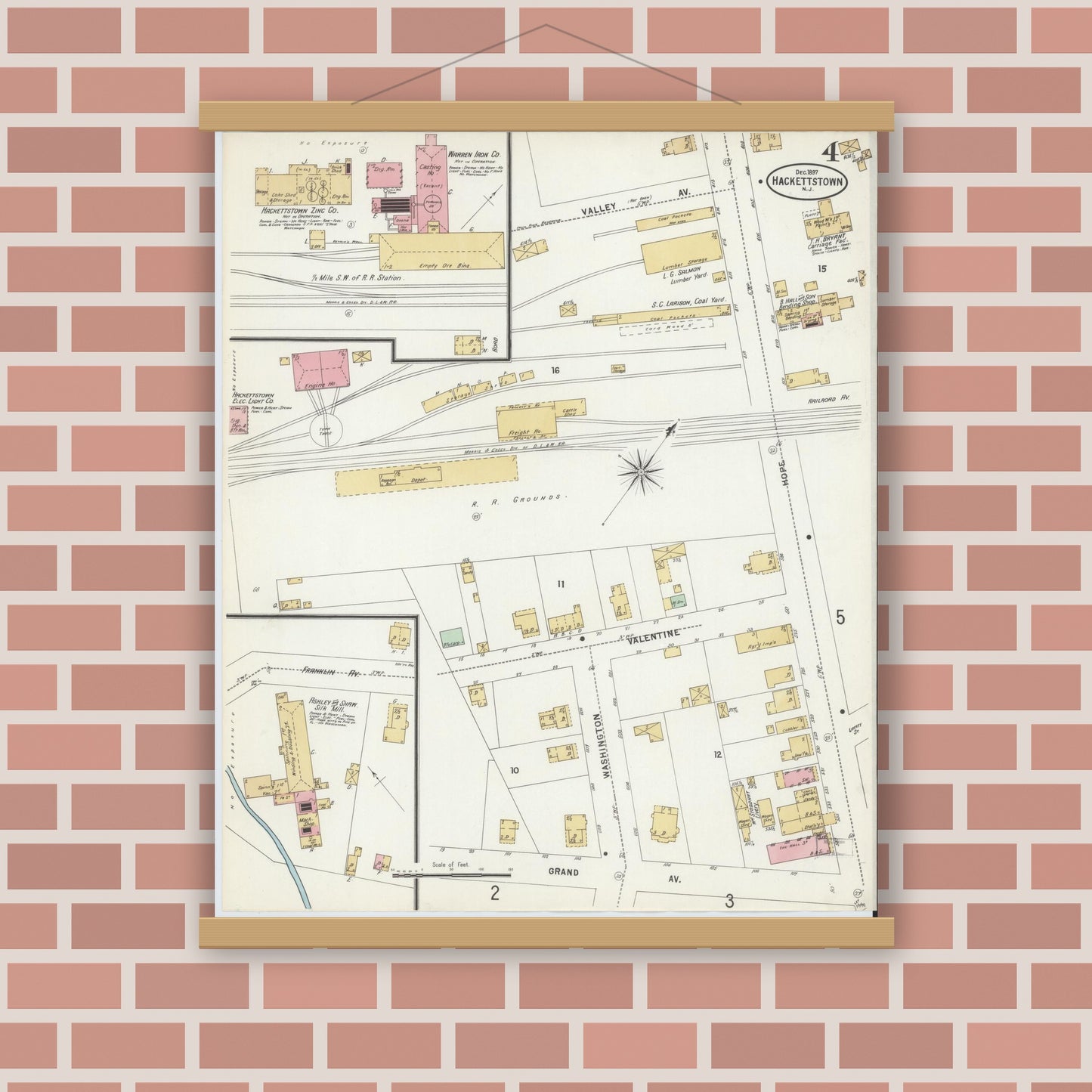 Old map wall art mockup — magnetic wood frame on brick wall — Sanborn Fire Insurance Map from Hackettstown, Warren County, New Jersey (1897), Sheet #0004