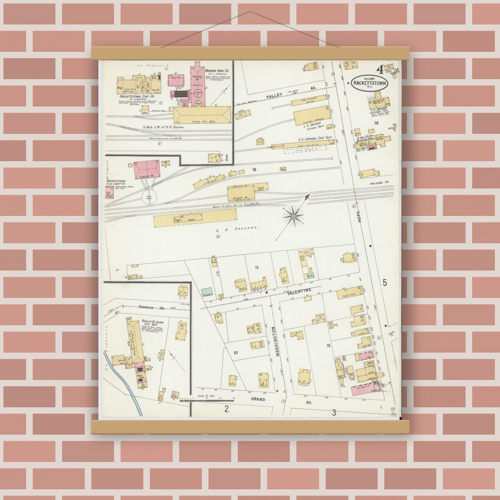 Old map wall art mockup — magnetic wood frame on brick wall — Sanborn Fire Insurance Map from Hackettstown, Warren County, New Jersey (1897), Sheet #0004