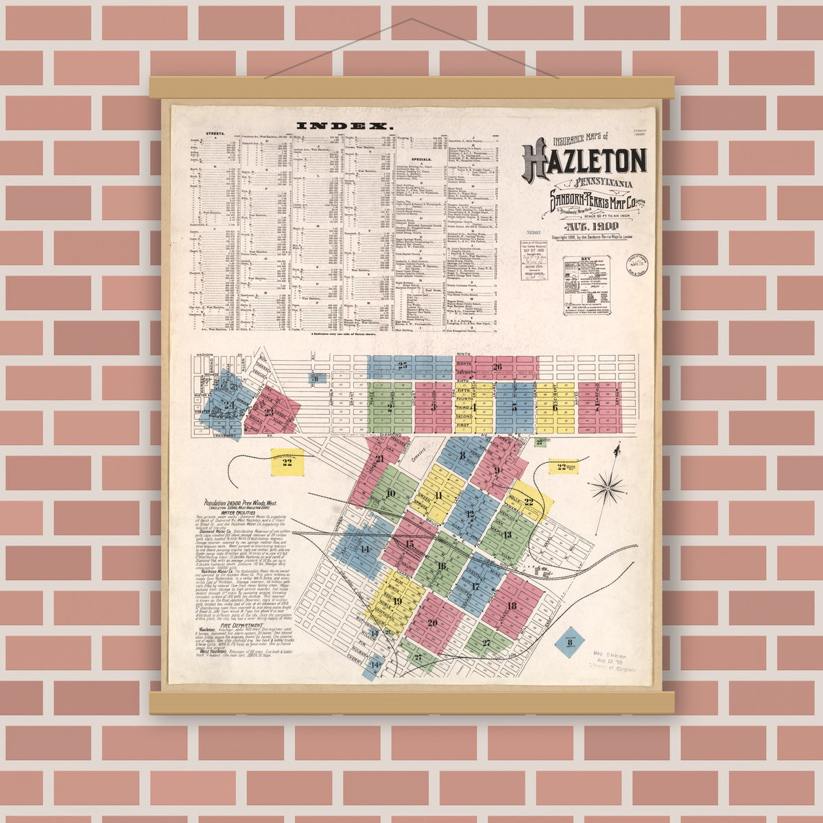 Old map wall art mockup — magnetic wood frame on brick wall — Sanborn Fire Insurance Map from Hazleton, Luzerne County, Pennsylvania (1900), Sheet #0001