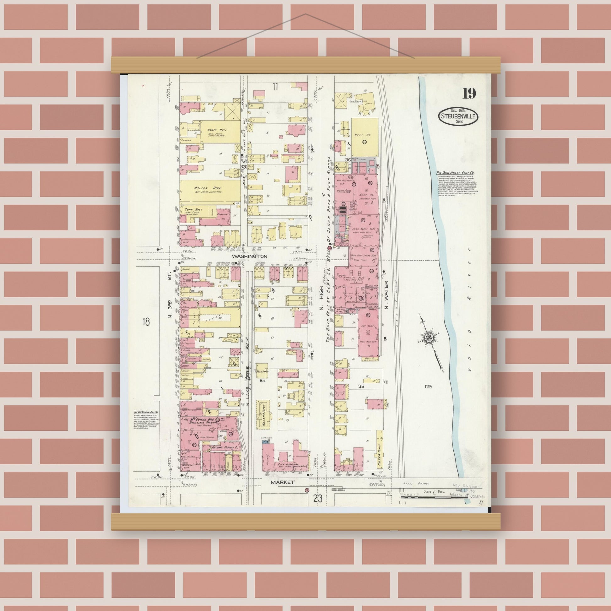Old map wall art mockup — magnetic wood frame on brick wall — Sanborn Fire Insurance Map from Steubenville, Jefferson County, Ohio (1913), Sheet #0019