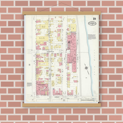 Old map wall art mockup — magnetic wood frame on brick wall — Sanborn Fire Insurance Map from Steubenville, Jefferson County, Ohio (1913), Sheet #0019