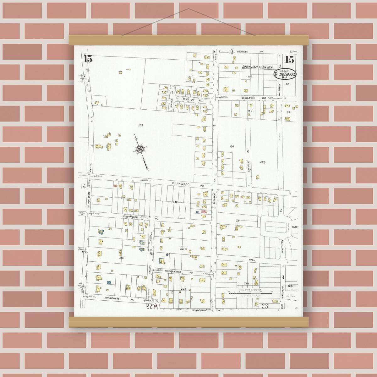 Old map wall art mockup — magnetic wood frame on brick wall — Sanborn Fire Insurance Map from Ridgewood, Bergen County, New Jersey (1928), Sheet #0015