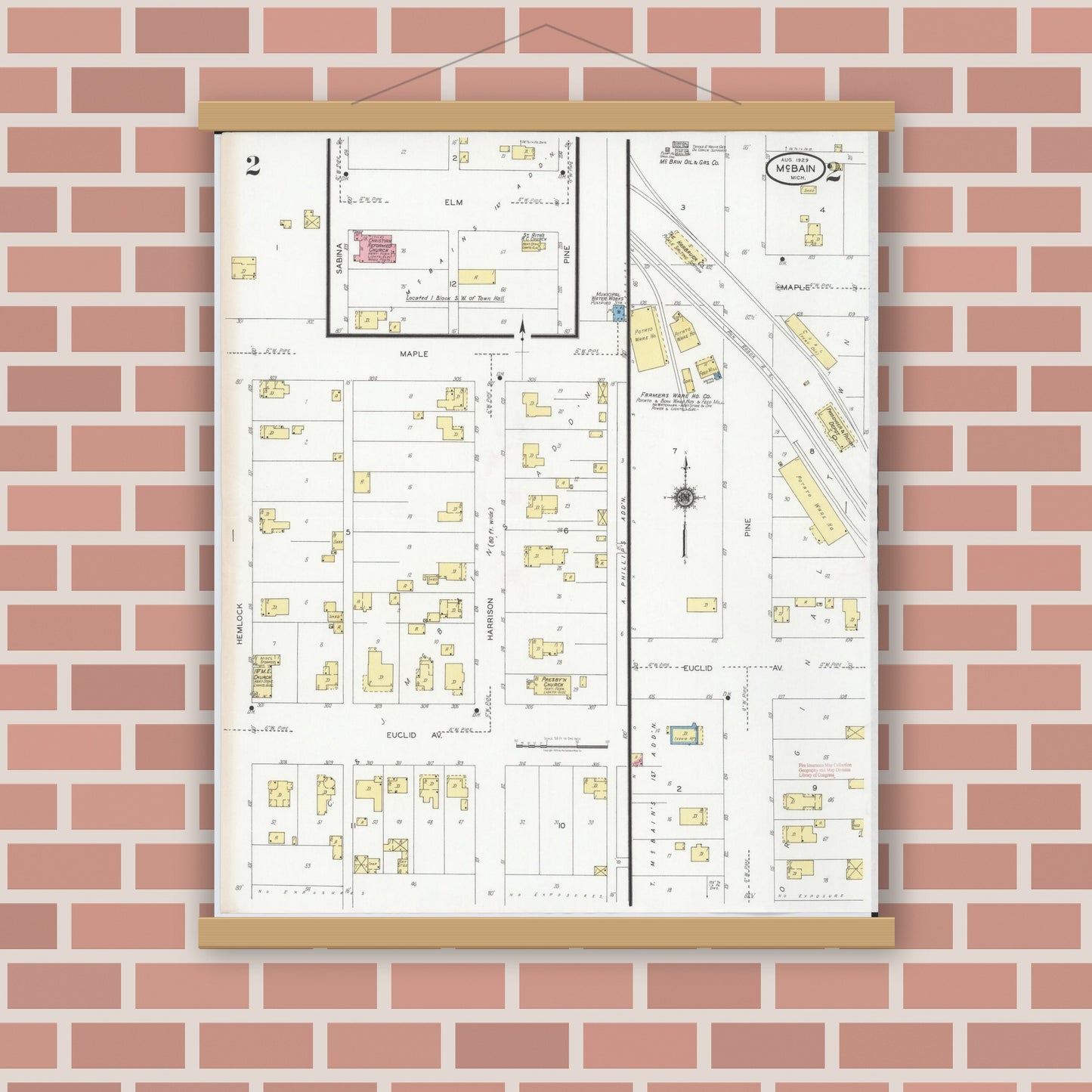 Old map wall art mockup — magnetic wood frame on brick wall — Sanborn Fire Insurance Map from Mcbain, Missaukee County, Michigan (1929), Sheet #0002