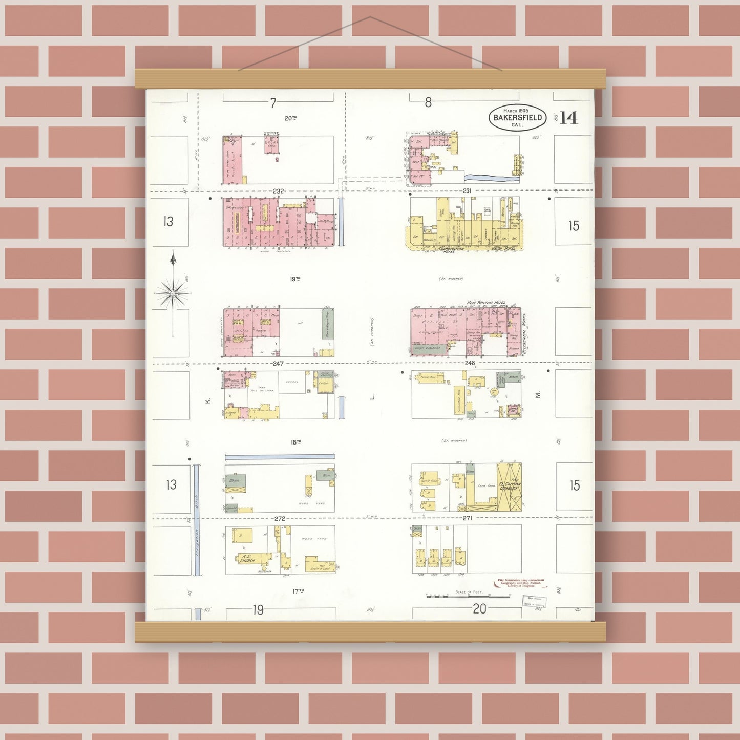 Old map wall art mockup — magnetic wood frame on brick wall — Sanborn Fire Insurance Map from Bakersfield, Kern County, California (1905), Sheet #0014