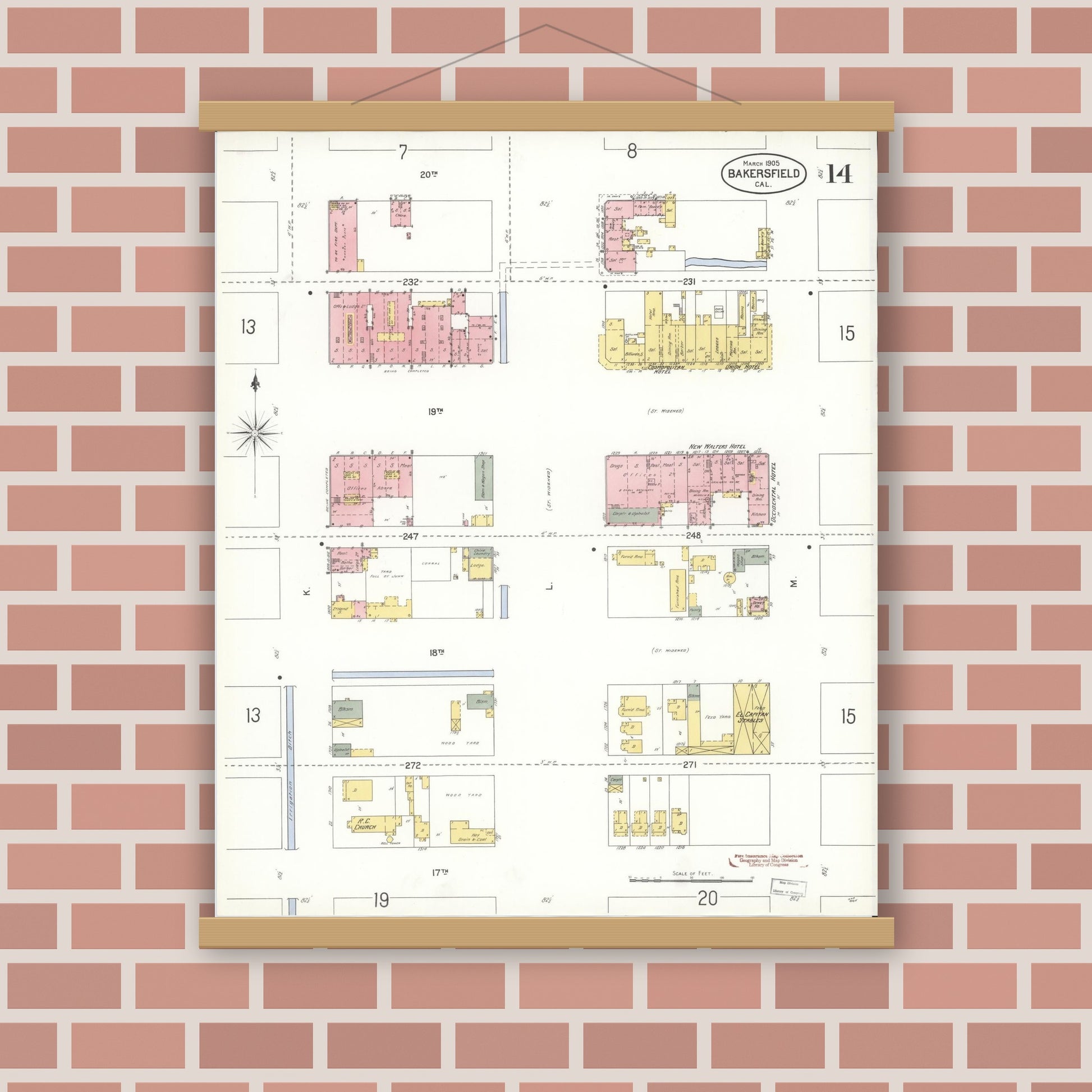 Old map wall art mockup — magnetic wood frame on brick wall — Sanborn Fire Insurance Map from Bakersfield, Kern County, California (1905), Sheet #0014