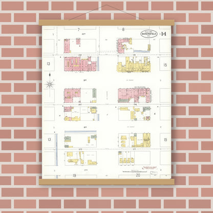 Old map wall art mockup — magnetic wood frame on brick wall — Sanborn Fire Insurance Map from Bakersfield, Kern County, California (1905), Sheet #0014