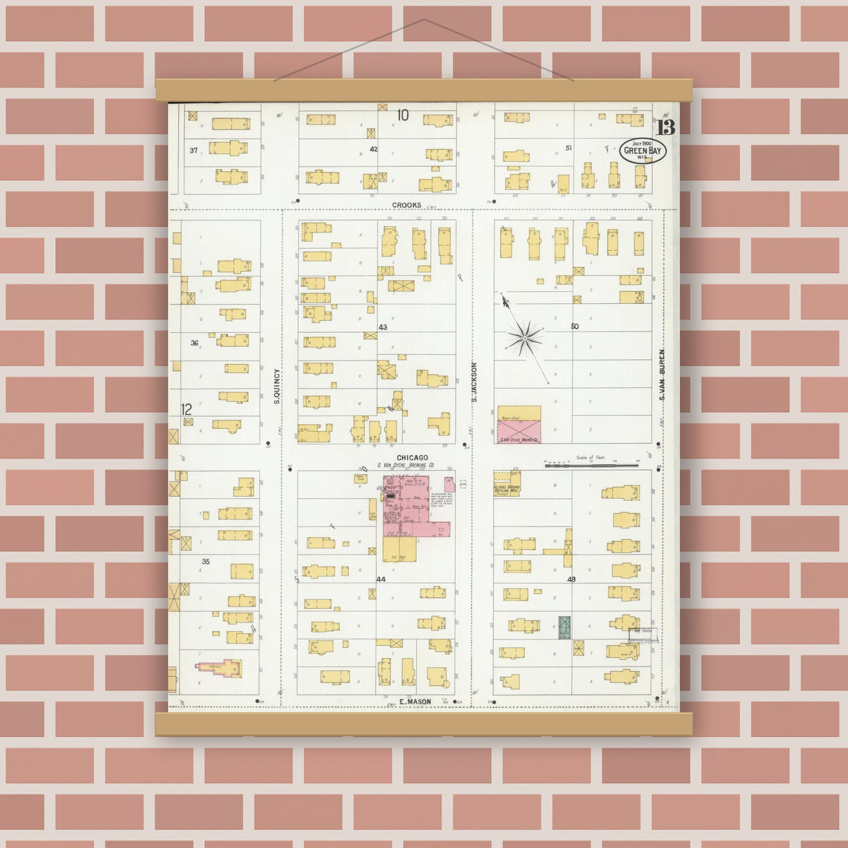 Old map wall art mockup — magnetic wood frame on brick wall — Sanborn Fire Insurance Map from Green Bay, Brown County, Wisconsin (1900), Sheet #0013