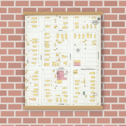 Old map wall art mockup — magnetic wood frame on brick wall — Sanborn Fire Insurance Map from Green Bay, Brown County, Wisconsin (1900), Sheet #0013