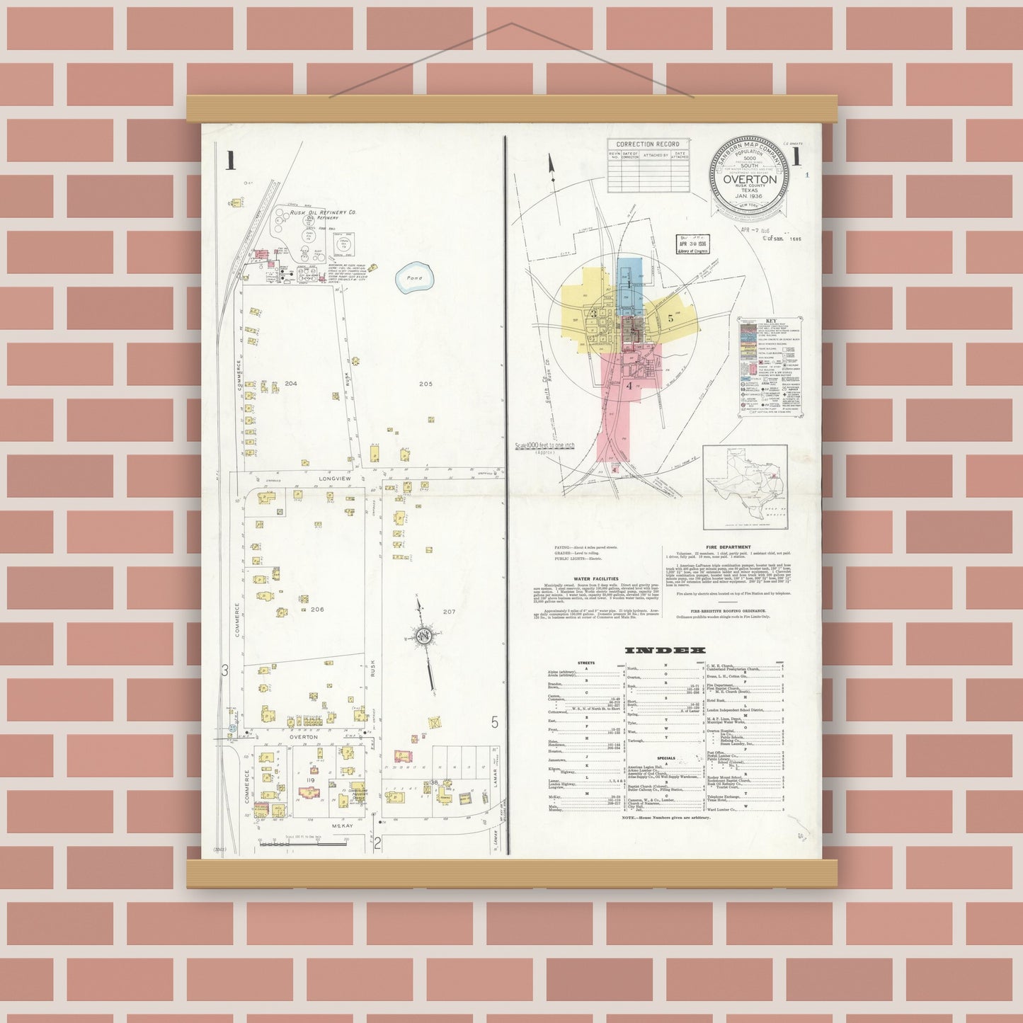 Old map wall art mockup — magnetic wood frame on brick wall — Sanborn Fire Insurance Map from Overton, Rusk County, Texas (1936), Sheet #0001