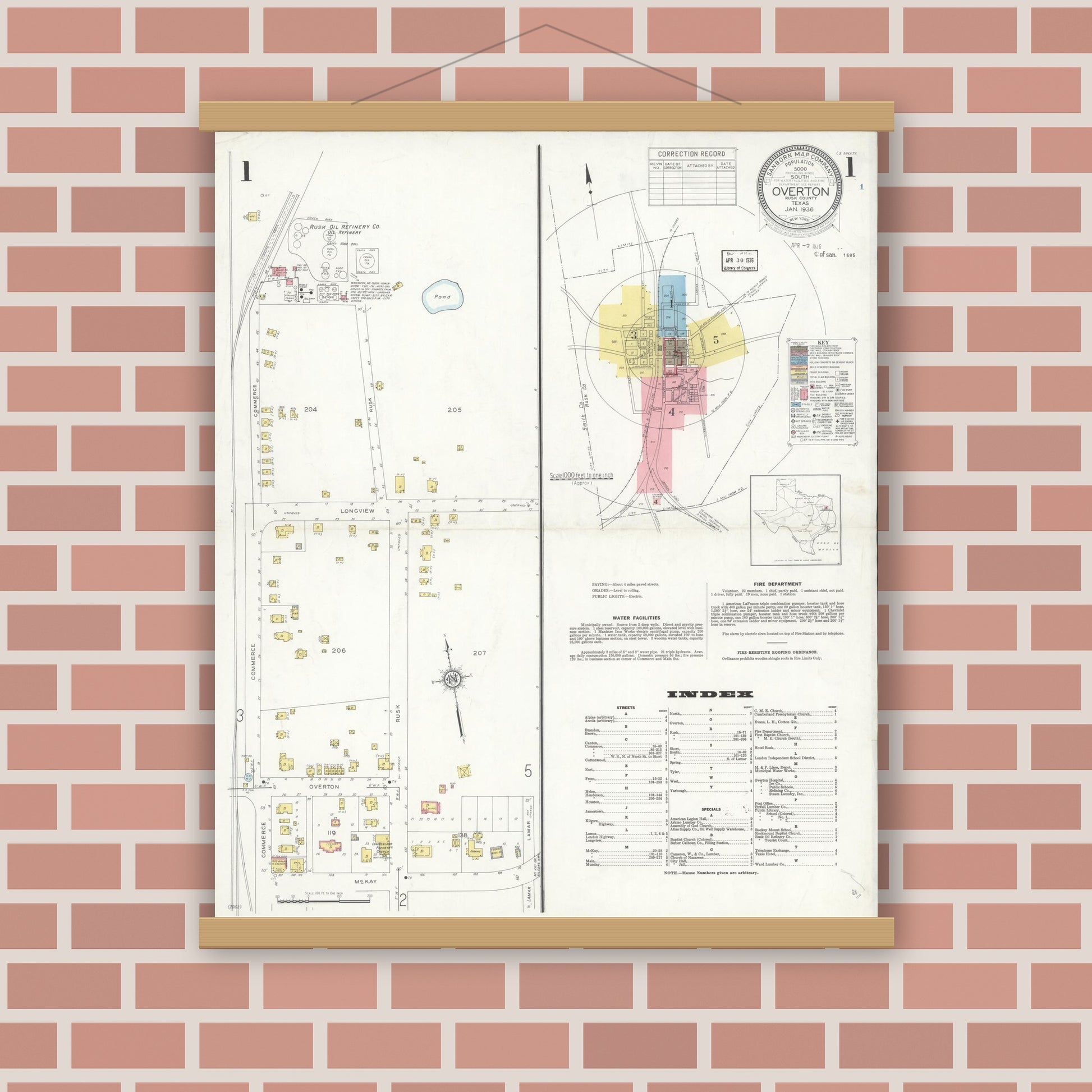 Old map wall art mockup — magnetic wood frame on brick wall — Sanborn Fire Insurance Map from Overton, Rusk County, Texas (1936), Sheet #0001