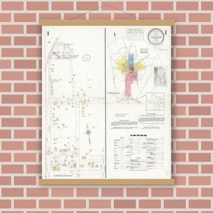 Old map wall art mockup — magnetic wood frame on brick wall — Sanborn Fire Insurance Map from Overton, Rusk County, Texas (1936), Sheet #0001