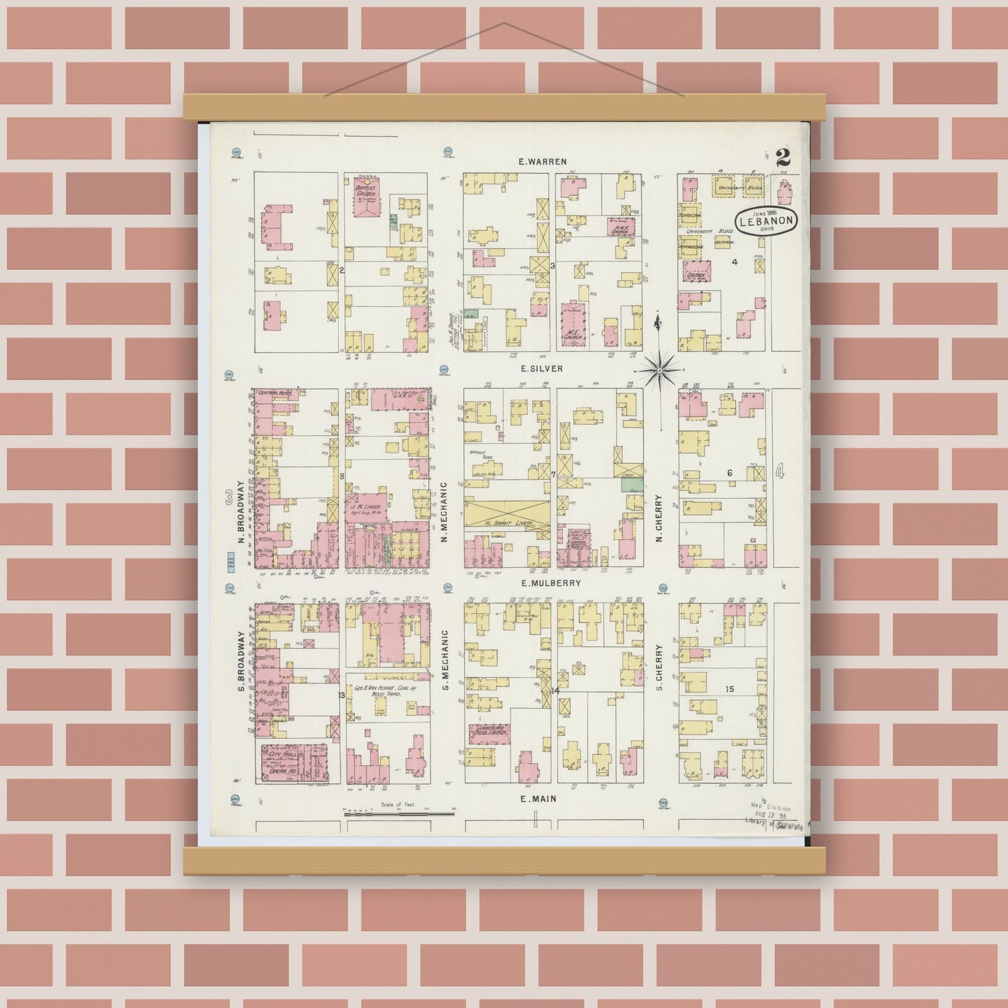 Old map wall art mockup — magnetic wood frame on brick wall — Sanborn Fire Insurance Map from Lebanon, Warren County, Ohio (1895), Sheet #0002