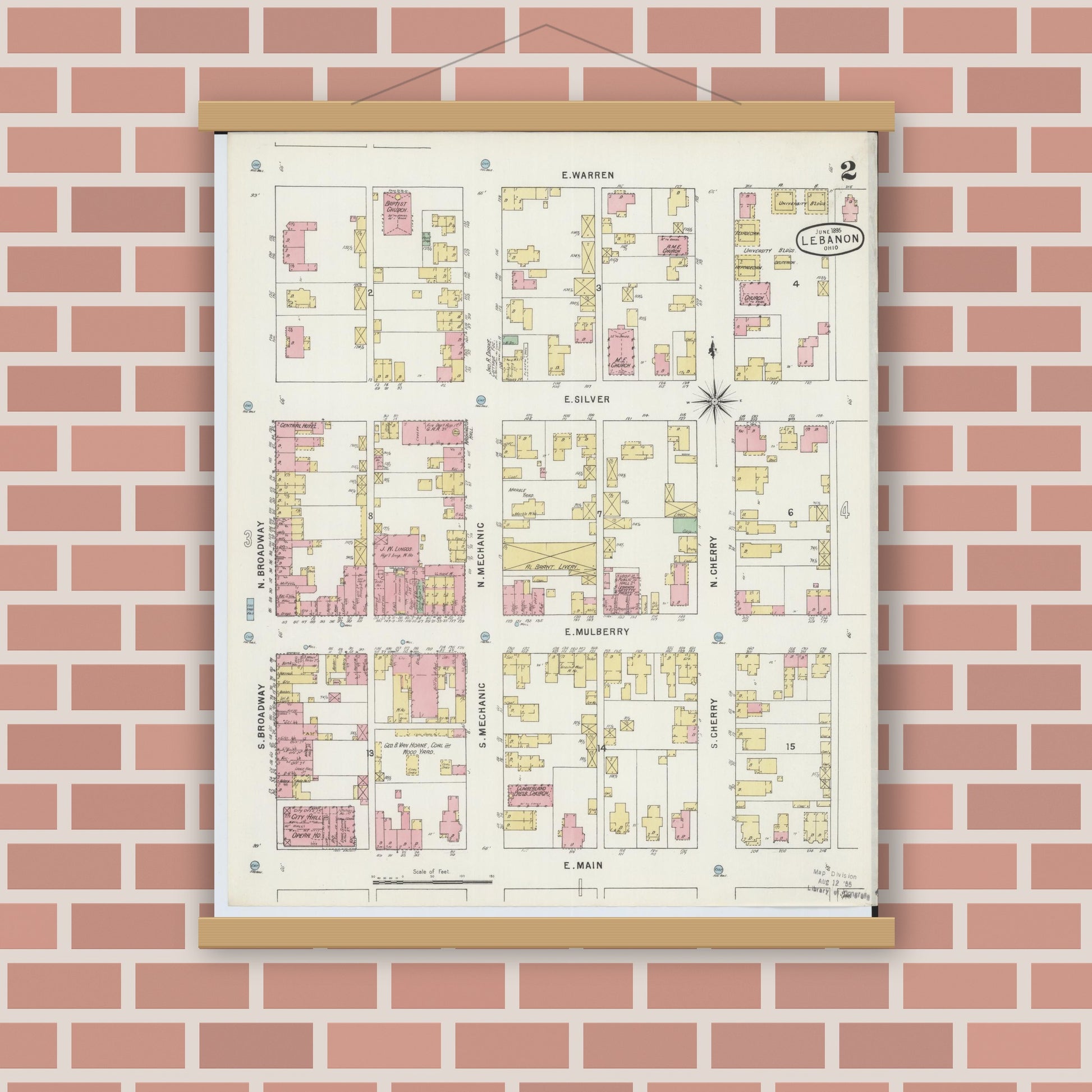 Old map wall art mockup — magnetic wood frame on brick wall — Sanborn Fire Insurance Map from Lebanon, Warren County, Ohio (1895), Sheet #0002