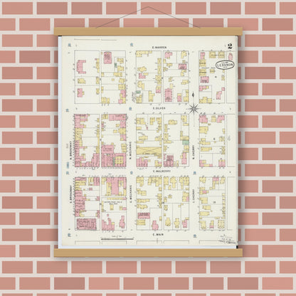 Old map wall art mockup — magnetic wood frame on brick wall — Sanborn Fire Insurance Map from Lebanon, Warren County, Ohio (1895), Sheet #0002