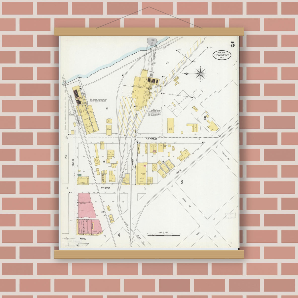 Old map wall art mockup — magnetic wood frame on brick wall — Sanborn Fire Insurance Map from Beaumont, Jefferson County, Texas (1902), Sheet #0005