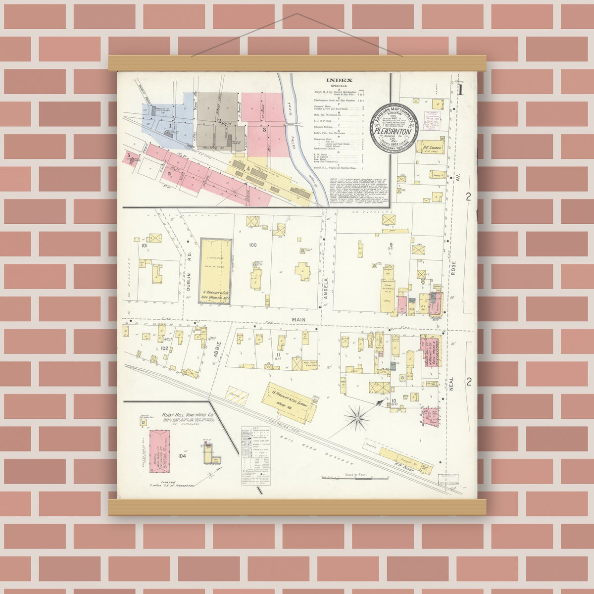 Old map wall art mockup — magnetic wood frame on brick wall — Sanborn Fire Insurance Map from Pleasanton, Alameda County, California (1903) - Complete Map Set
