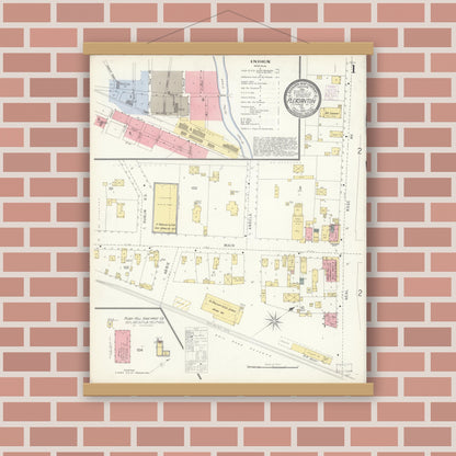 Old map wall art mockup — magnetic wood frame on brick wall — Sanborn Fire Insurance Map from Pleasanton, Alameda County, California (1903) - Complete Map Set
