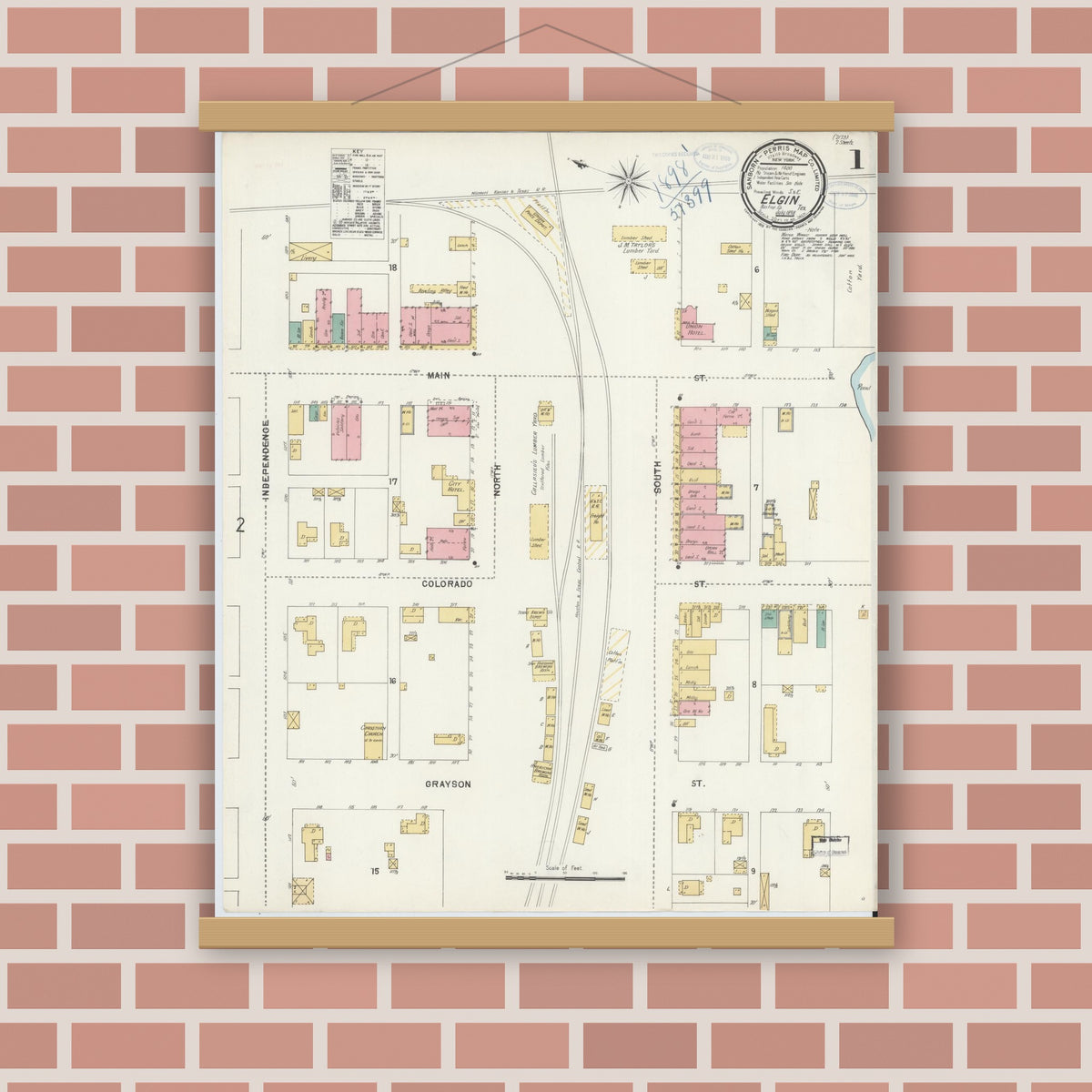 Old map wall art mockup — magnetic wood frame on brick wall — Sanborn Fire Insurance Map from Elgin, Bastrop County, Texas (1898), Sheet #0001