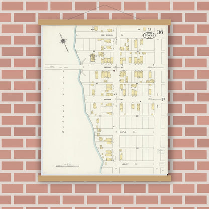 Old map wall art mockup — magnetic wood frame on brick wall — Sanborn Fire Insurance Map from Cohoes, Albany County, New York (1910), Sheet #0036