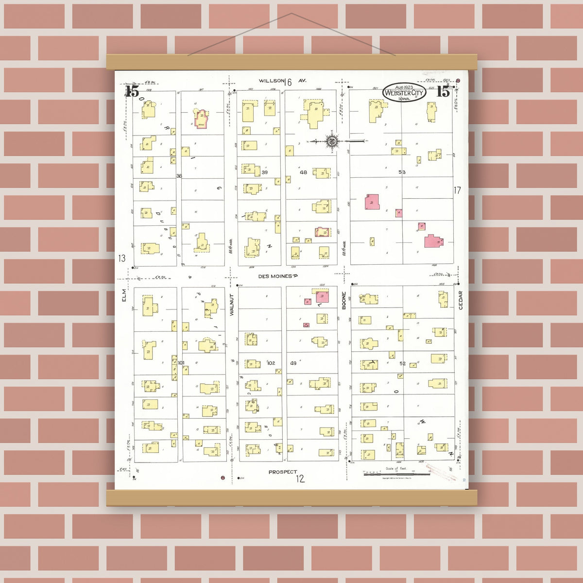 Old map wall art mockup — magnetic wood frame on brick wall — Sanborn Fire Insurance Map from Webster City, Hamilton County, Iowa (1923), Sheet #0015