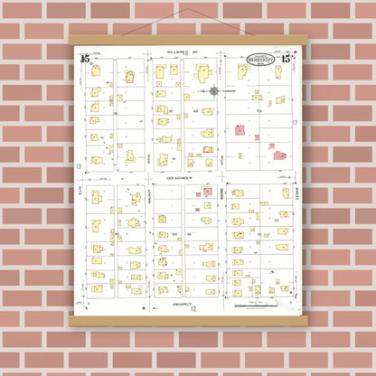 Old map wall art mockup — magnetic wood frame on brick wall — Sanborn Fire Insurance Map from Webster City, Hamilton County, Iowa (1923), Sheet #0015