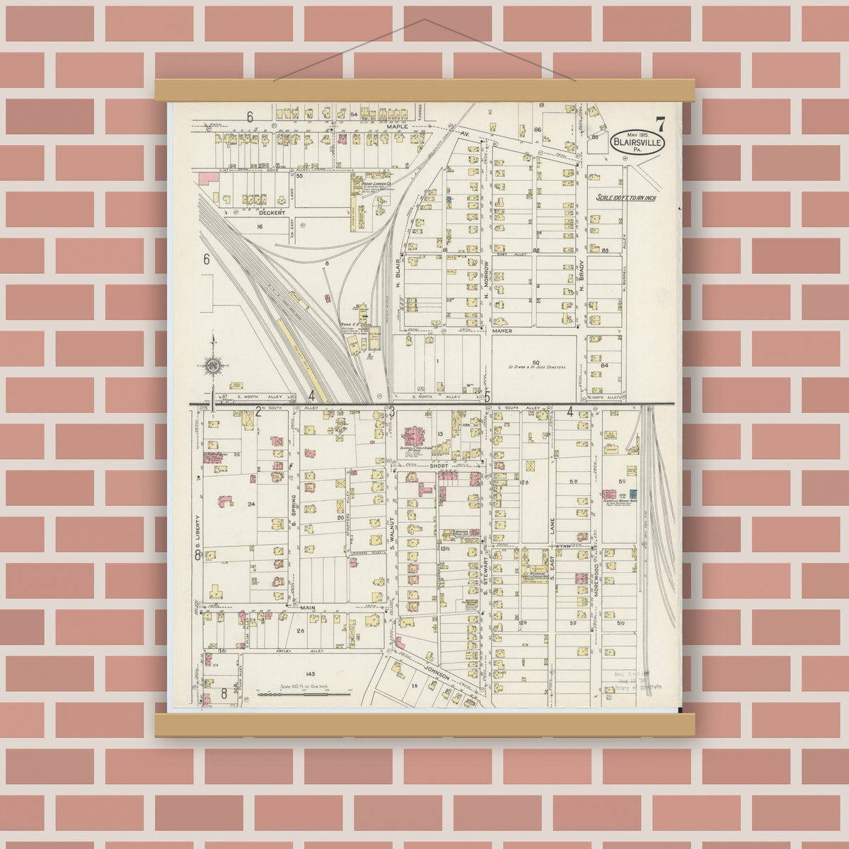 Old map wall art mockup — magnetic wood frame on brick wall — Sanborn Fire Insurance Map from Blairsville, Indiana County, Pennsylvania (1915), Sheet #0007