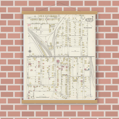 Old map wall art mockup — magnetic wood frame on brick wall — Sanborn Fire Insurance Map from Blairsville, Indiana County, Pennsylvania (1915), Sheet #0007