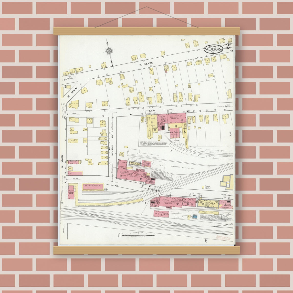 Old map wall art mockup — magnetic wood frame on brick wall — Sanborn Fire Insurance Map from Salamanca, Cattaraugus County, New York (1918), Sheet #0002