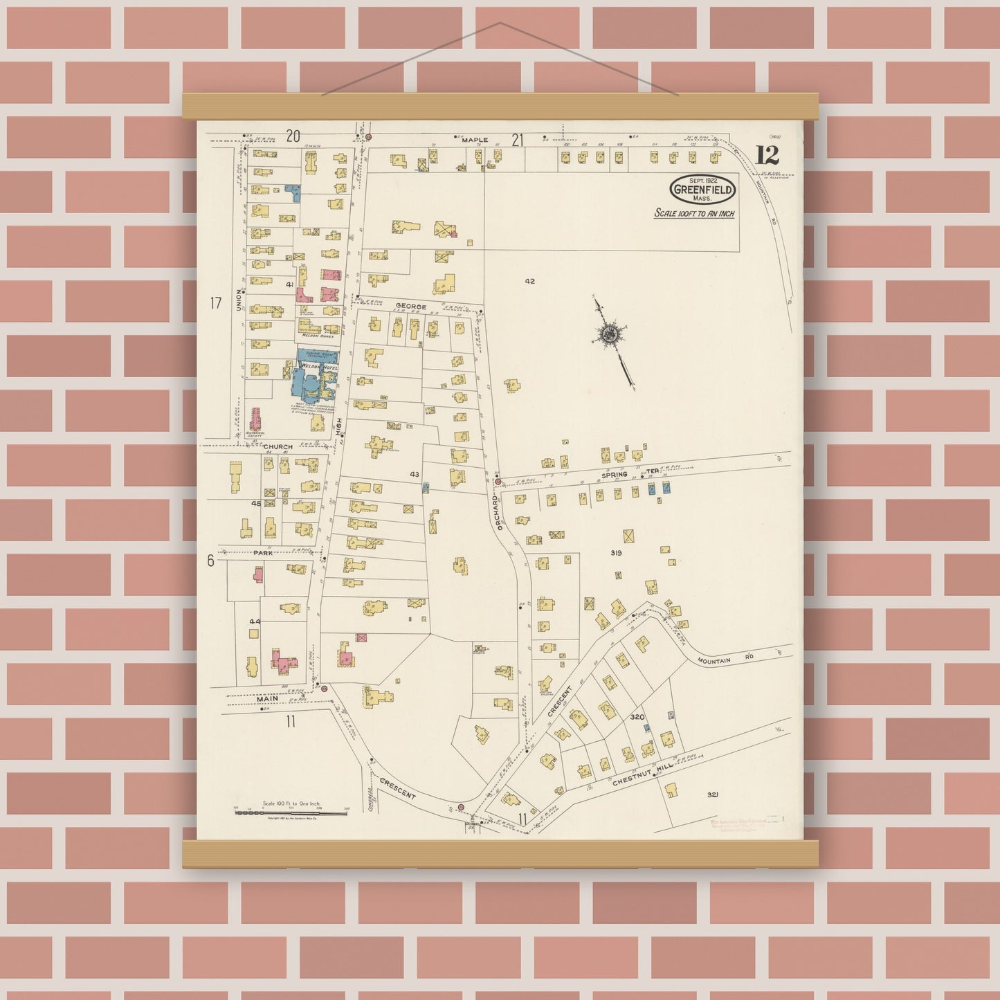 Old map wall art mockup — magnetic wood frame on brick wall — Sanborn Fire Insurance Map from Greenfield, Franklin County, Massachusetts (1922), Sheet #0012