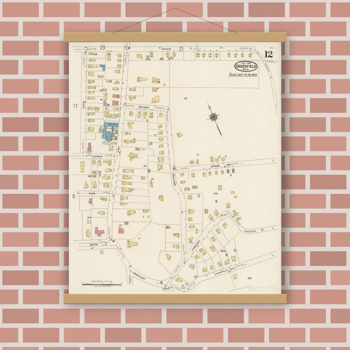 Old map wall art mockup — magnetic wood frame on brick wall — Sanborn Fire Insurance Map from Greenfield, Franklin County, Massachusetts (1922), Sheet #0012
