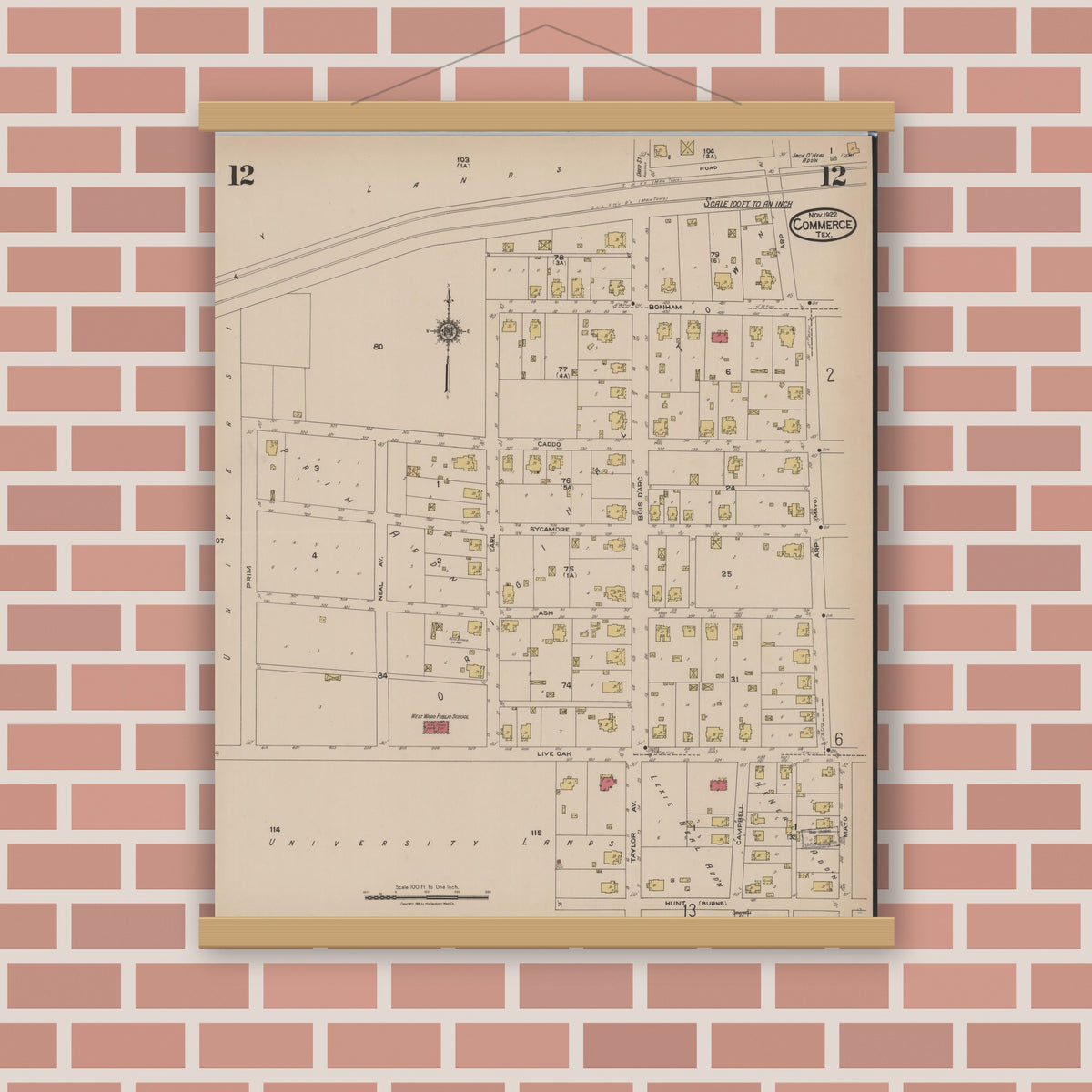 Old map wall art mockup — magnetic wood frame on brick wall — Sanborn Fire Insurance Map from Commerce, Hunt County, Texas (1922), Sheet #0012