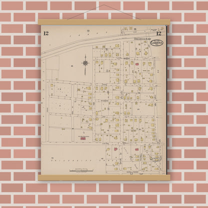 Old map wall art mockup — magnetic wood frame on brick wall — Sanborn Fire Insurance Map from Commerce, Hunt County, Texas (1922), Sheet #0012